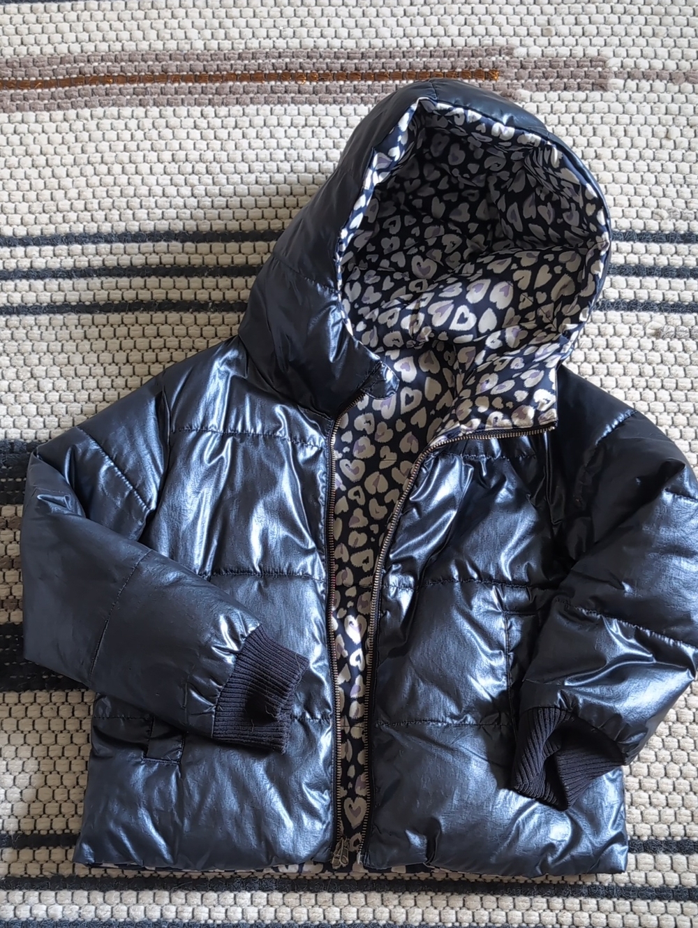 Crewcuts Shiny Navy Hooded Puffer with Heart-Print Lining